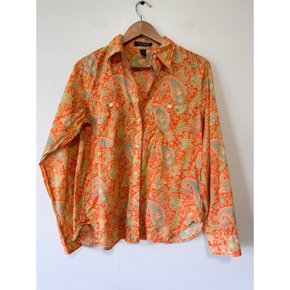 Lauren Ralph Lauren Orange Paisley Cotton Button Down Shirt Womens Small